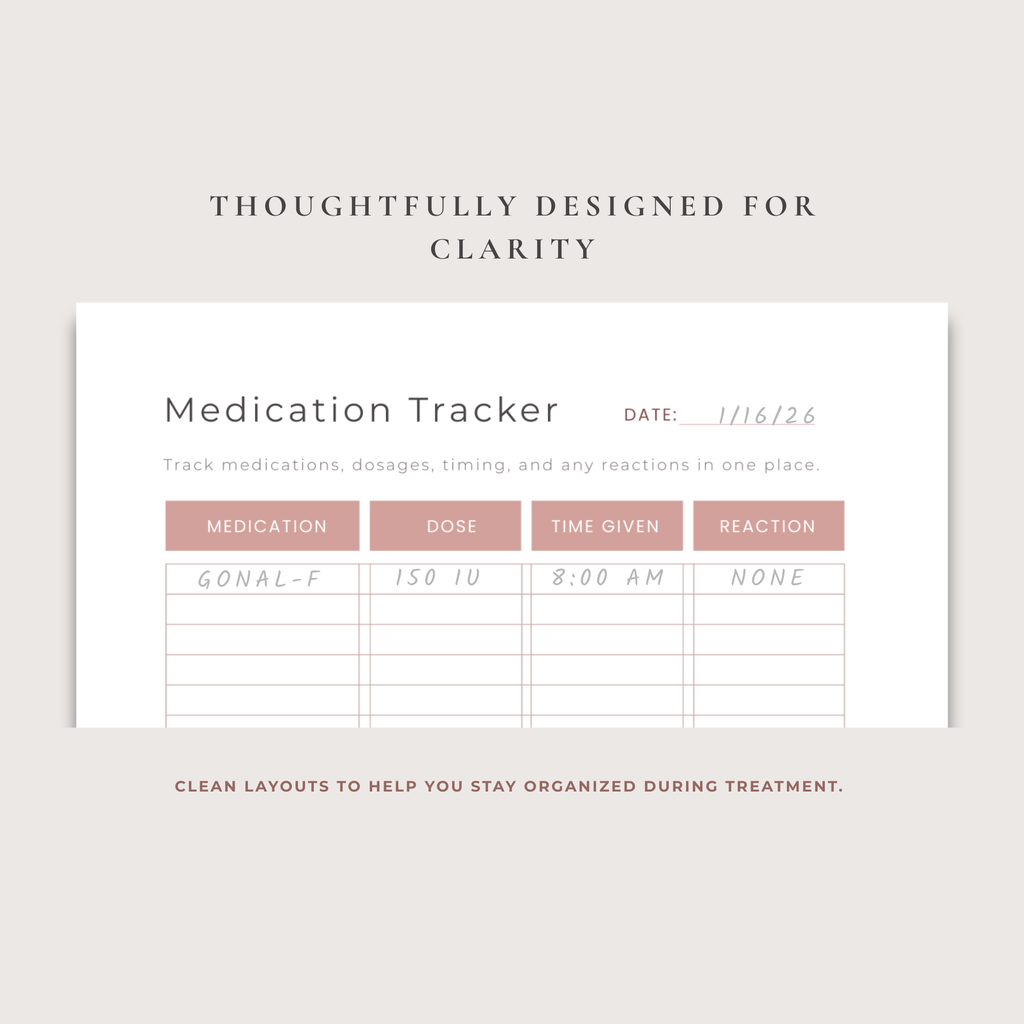 Close-up of IVF medication tracker page with columns for medication, dosage, time, and reaction in a digital fertility planner.
