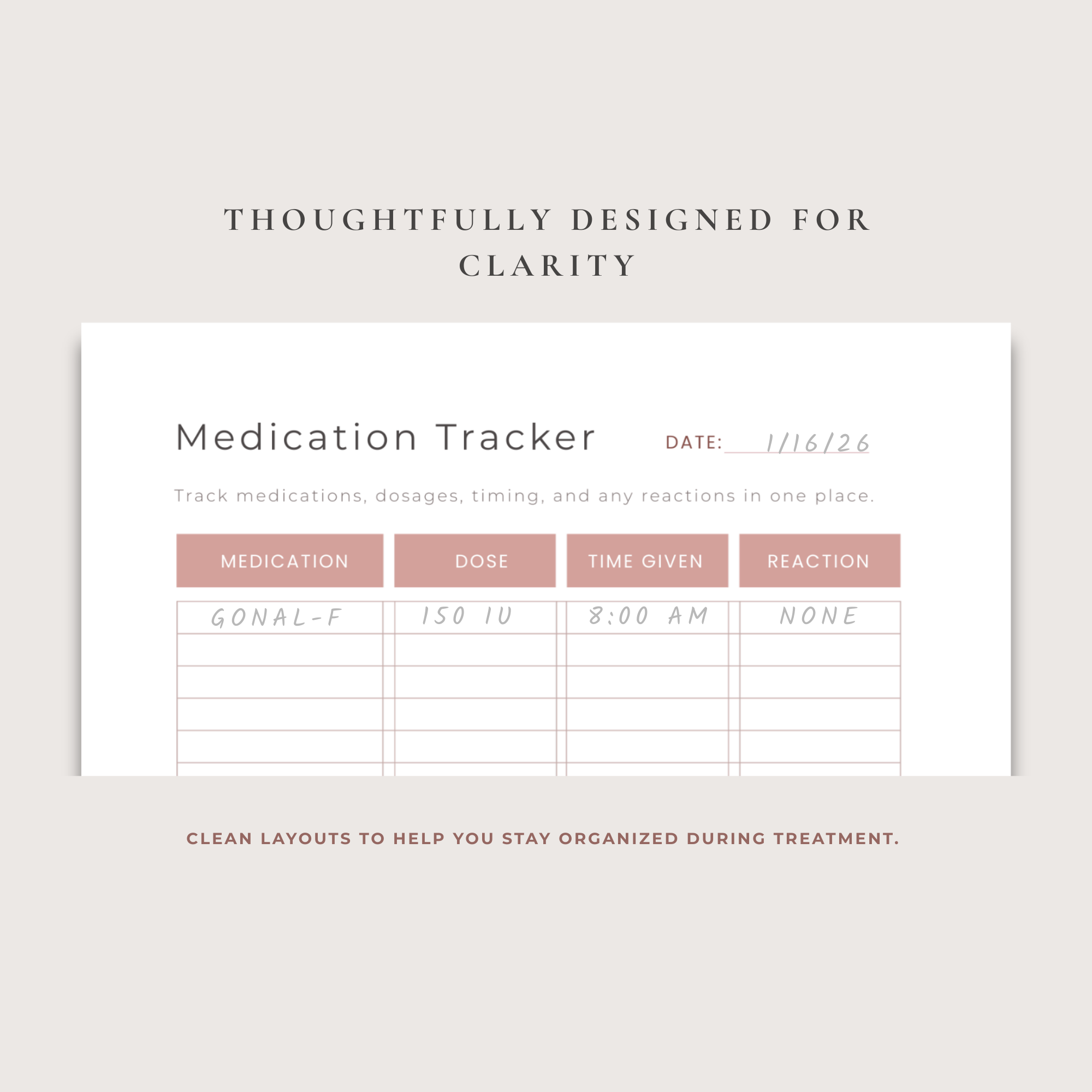 Close-up of IVF medication tracker page with columns for medication, dosage, time, and reaction in a digital fertility planner.