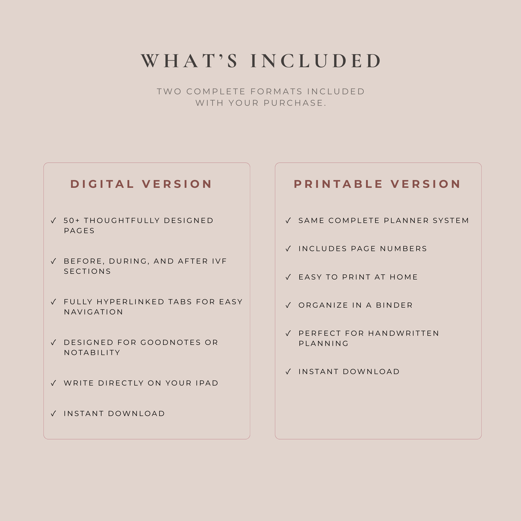 IVF planner digital and printable versions included with hyperlinked tabs and 50 plus fertility tracking pages.