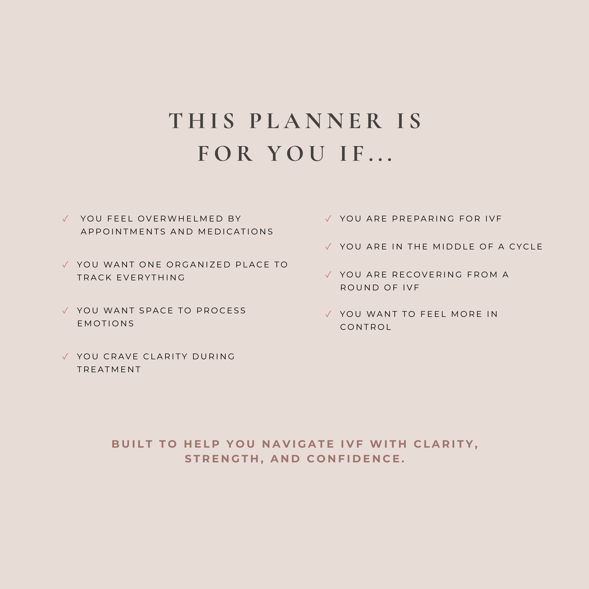 IVF planner description highlighting who the fertility planner is designed for, including women preparing for, during, and after IVF treatment.