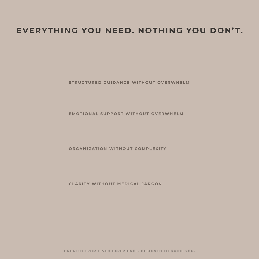 Minimalist slide stating “Everything You Need. Nothing You Don’t.” highlighting structured IVF guidance, emotional support, and organization without overwhelm.