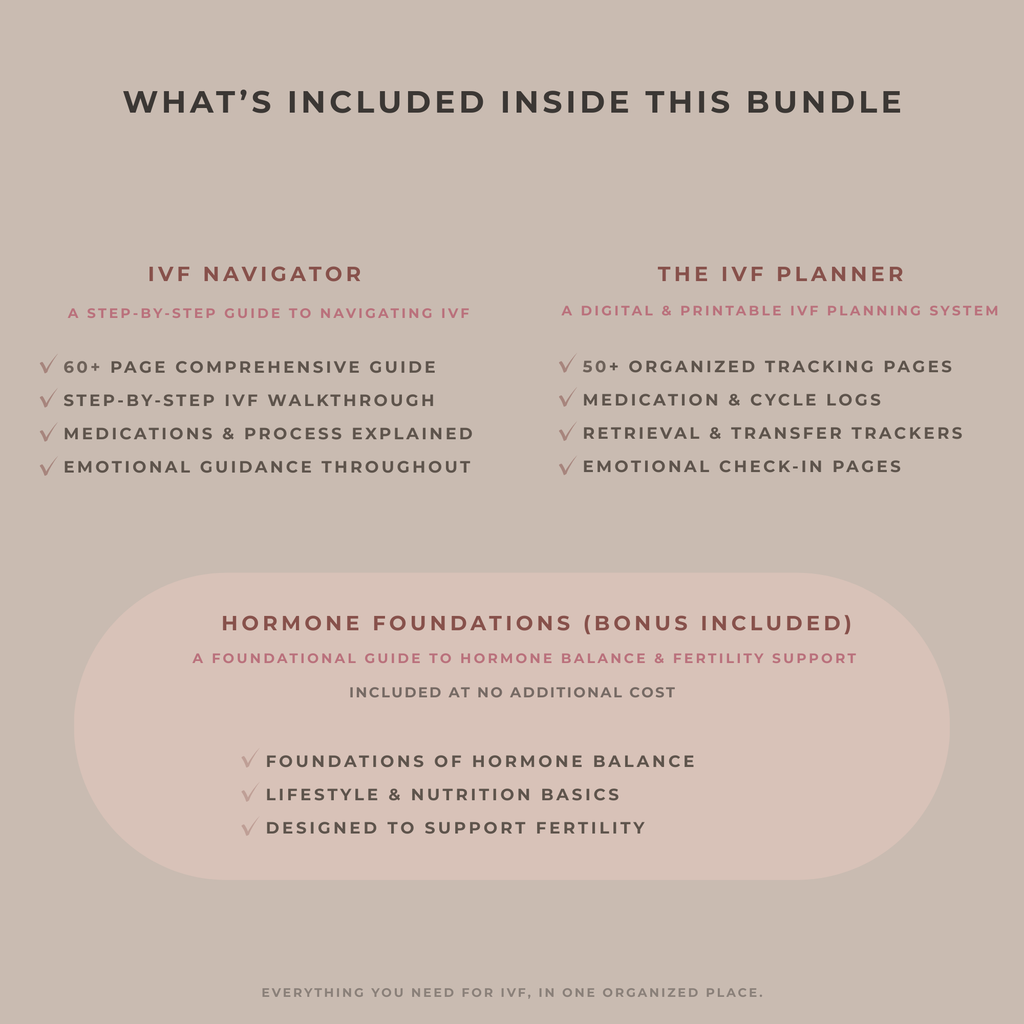 IVF support bundle including IVF Navigator guide, IVF Planner tracking system, and Hormone Foundations fertility guide.