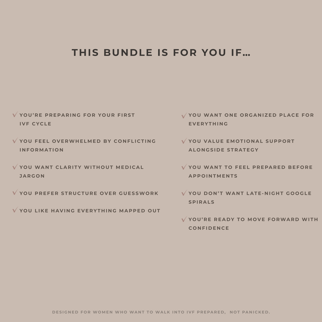 Checklist-style slide describing who the IVF Support Bundle is for, including women preparing for their first IVF cycle who want clarity, structure, and emotional support.