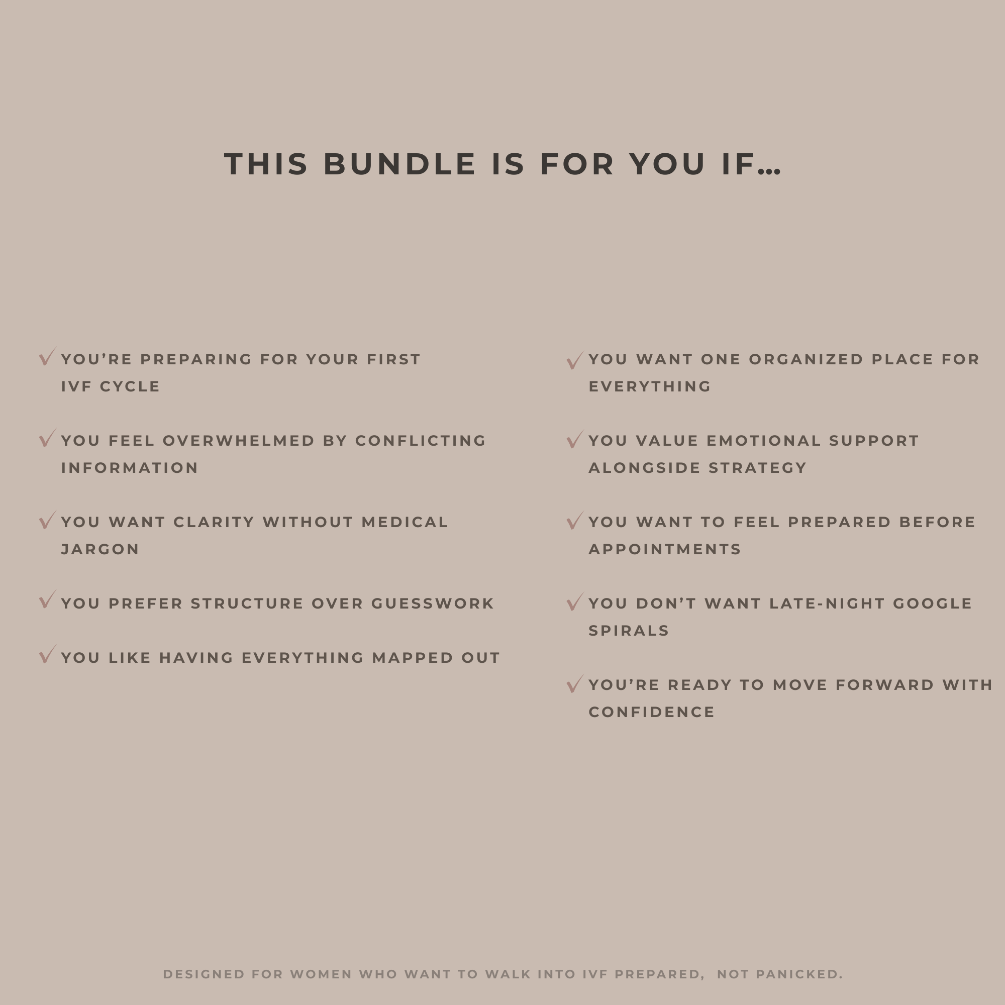 Checklist-style slide describing who the IVF Support Bundle is for, including women preparing for their first IVF cycle who want clarity, structure, and emotional support.